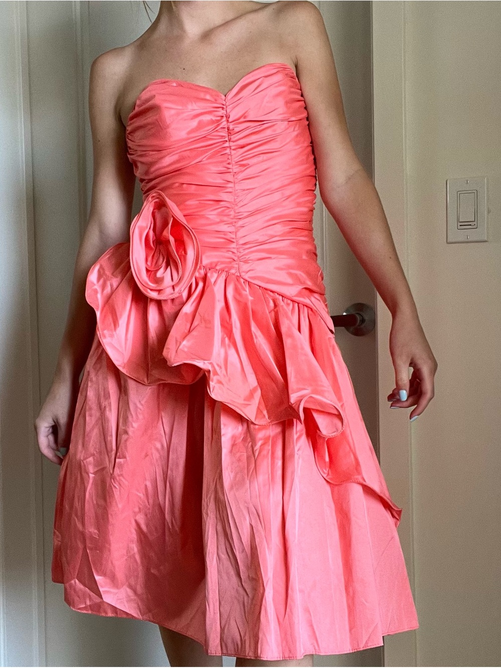 Strapless Coral Satin Party Dress with Rosette 80s prom drop waist homecoming
